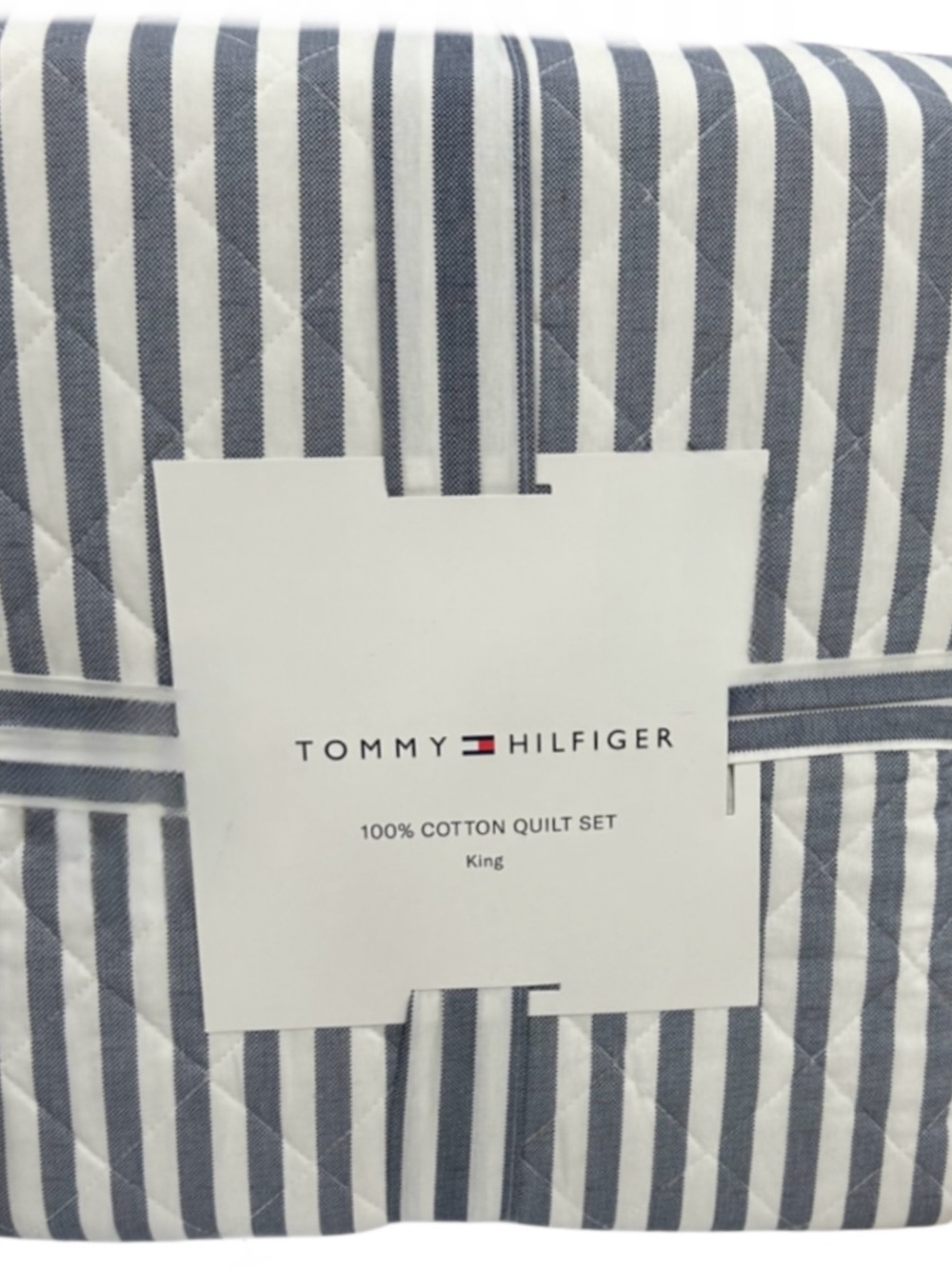 Tommy Hilfiger Blue and White Striped Cotton Quilt Set 104”x96”